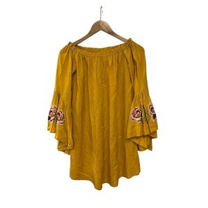 Feathers Off Shoulder Tunic Top Floral Embroidery Mustard Bell Sleeve S